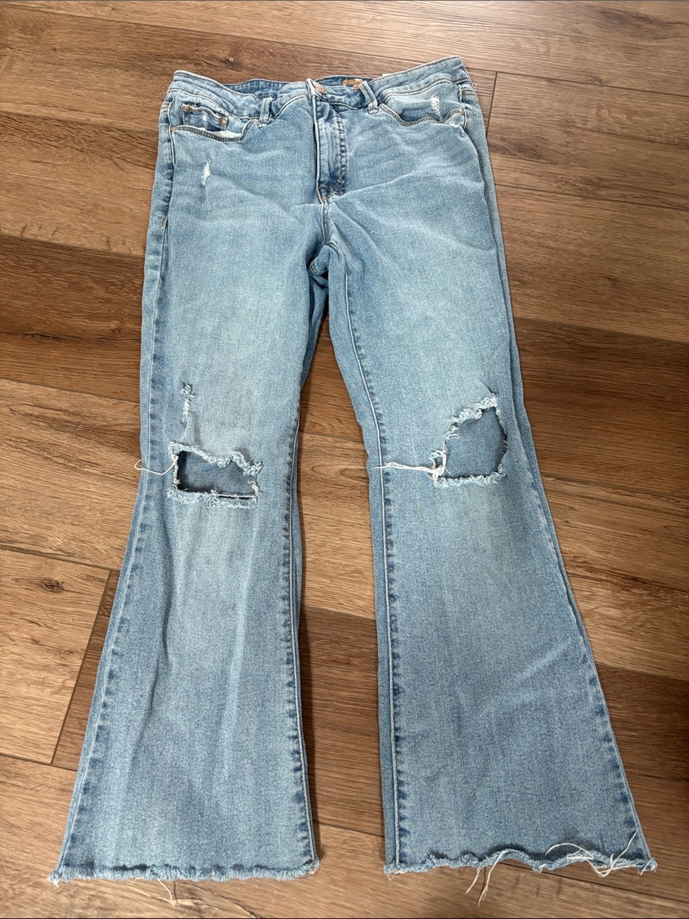 Seven7 Light Blue Distressed Flare Cutoff Jeans - Women Cropped
